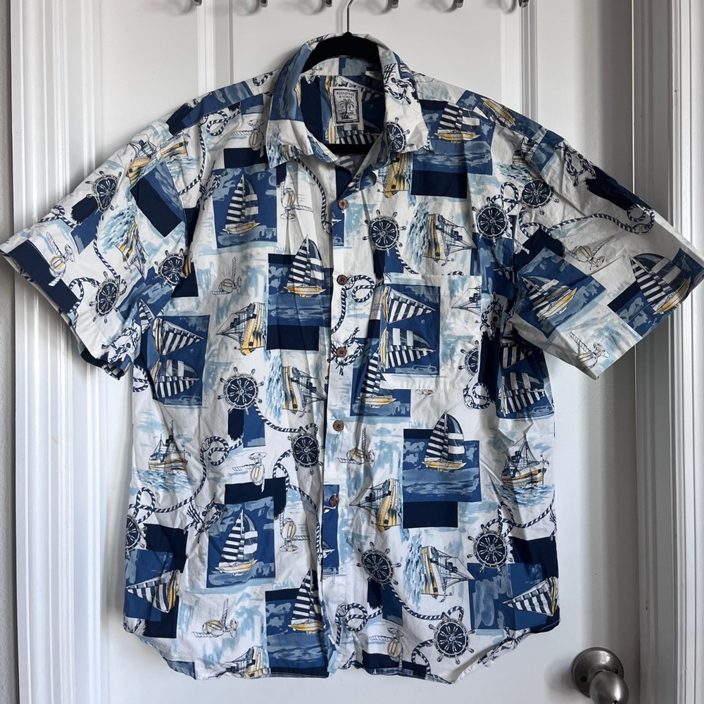 Roundtree & Yorke Blue White Sailboat Print Button Down Shirt Men’s Size Large